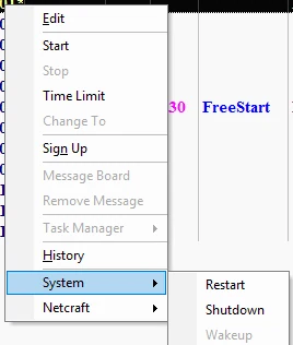 قائمة الجهاز في Netcraft مع Start وTime Limit وStop وقائمة System مع Restart وShutdown